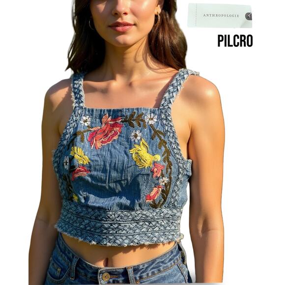NWT Pilcro Anthropologie Embroidered Denim Cropped Top Womens Medium Floral - Picture 1 of 12